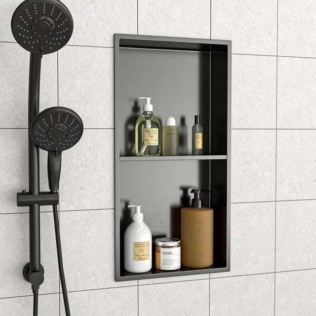 Alt view image 2 of 7 - 13" x 25" Stainless Steel Shower Niche Double Shelf, Gunmetal Black