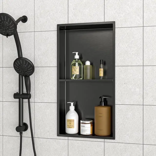 Alt view image 5 of 7 - 13" x 25" Stainless Steel Shower Niche Double Shelf, Gunmetal Black