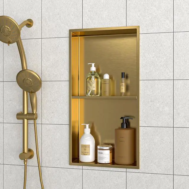 Alt view image 2 of 7 - 13" x 25" Stainless Steel Shower Niche Double Shelf, Gold