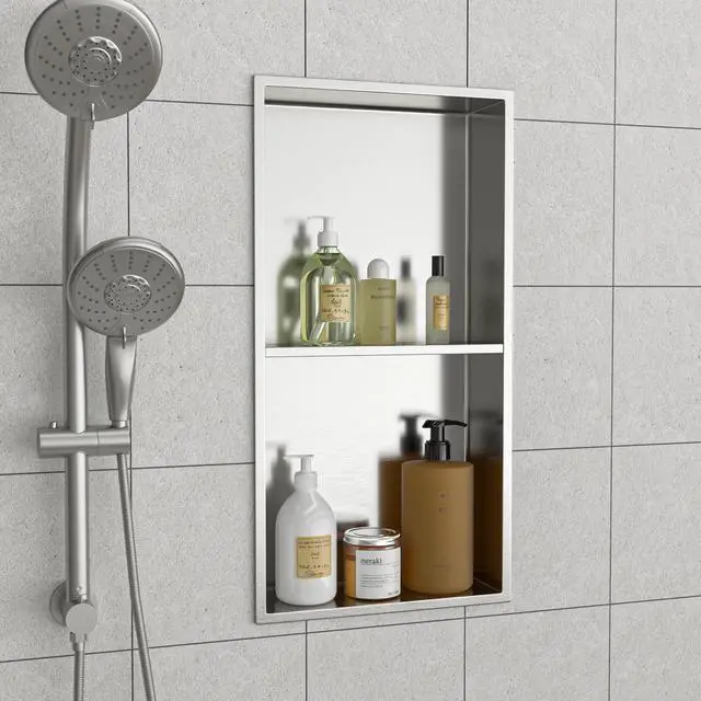Alt view image 2 of 7 - 13" x 25" Stainless Steel Shower Niche Double Shelf, Brushed Nickel