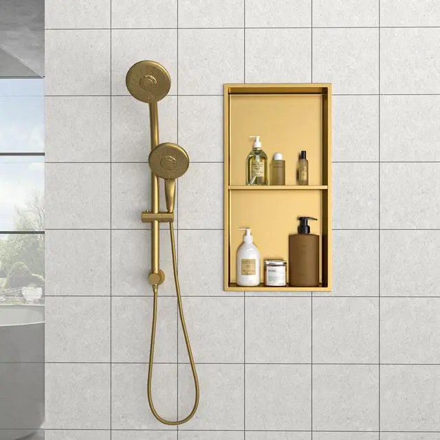 Alt view image 5 of 7 - 13" x 25" Stainless Steel Shower Niche Double Shelf, Gold