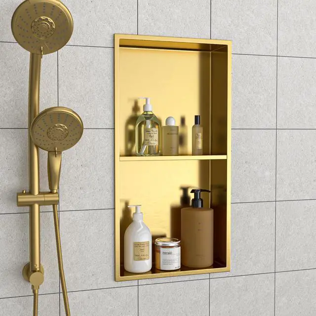 Alt view image 4 of 7 - 13" x 25" Stainless Steel Shower Niche Double Shelf, Gold