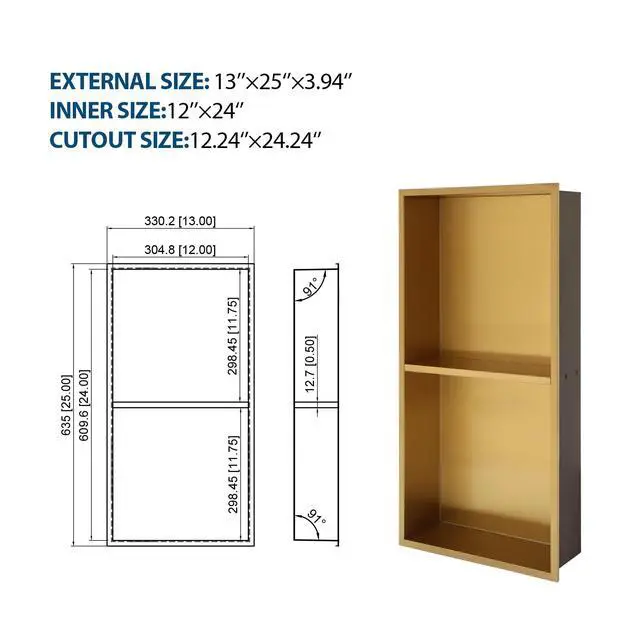 Alt view image 3 of 7 - 13" x 25" Stainless Steel Shower Niche Double Shelf, Gold