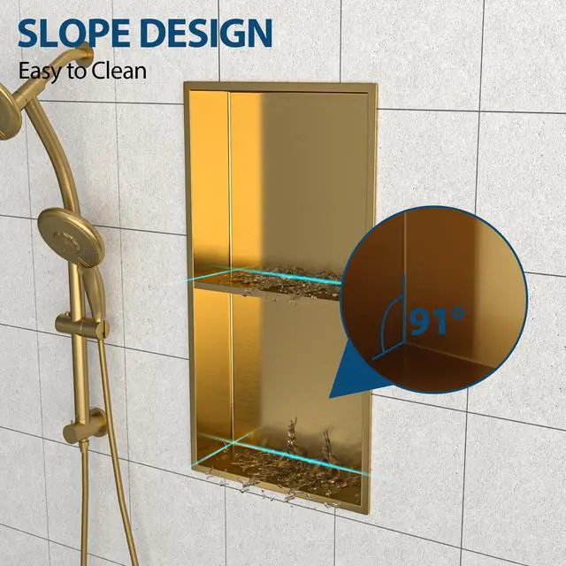 Alt view image 7 of 7 - 13" x 25" Stainless Steel Shower Niche Double Shelf, Gold