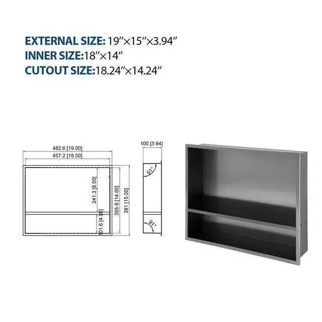 Alt view image 3 of 7 - 19" x 15" Stainless Steel Shower Niche Double Shelf, Gunmetal Black