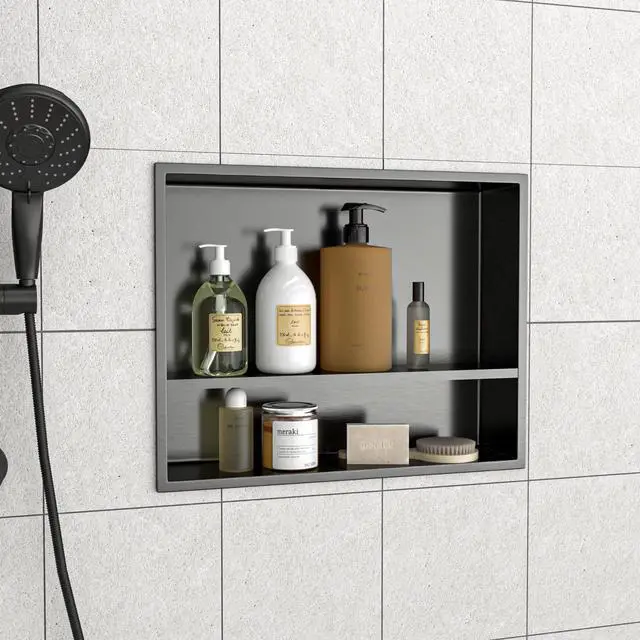 Alt view image 4 of 7 - 19" x 15" Stainless Steel Shower Niche Double Shelf, Gunmetal Black