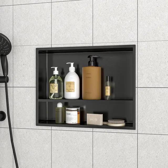 Alt view image 2 of 7 - 19" x 15" Stainless Steel Shower Niche Double Shelf, Gunmetal Black