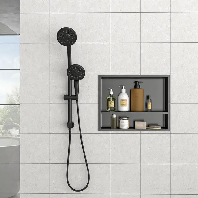 Alt view image 5 of 7 - 19" x 15" Stainless Steel Shower Niche Double Shelf, Gunmetal Black