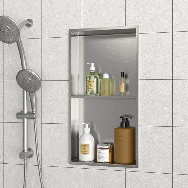 Alt view image 5 of 7 - 13" x 25" Stainless Steel Shower Niche Double Shelf, Brushed Nickel