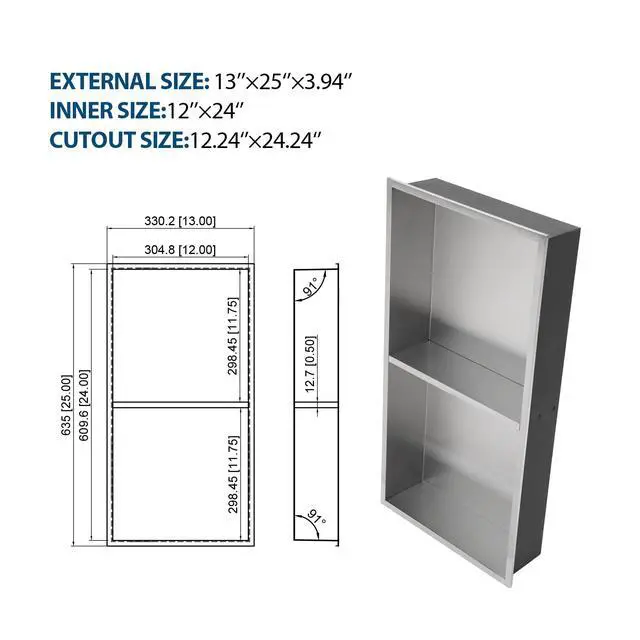 Alt view image 3 of 7 - 13" x 25" Stainless Steel Shower Niche Double Shelf, Brushed Nickel