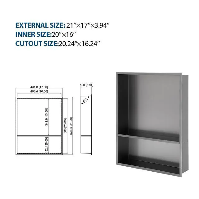 Alt view image 3 of 7 - 21" x 17" Stainless Steel Shower Niche Double Shelf, Gunmetal Black