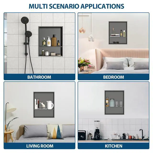 Alt view image 6 of 7 - 21" x 17" Stainless Steel Shower Niche Double Shelf, Gunmetal Black