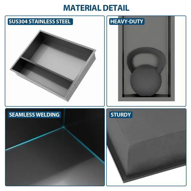 Alt view image 7 of 7 - 21" x 17" Stainless Steel Shower Niche Double Shelf, Gunmetal Black