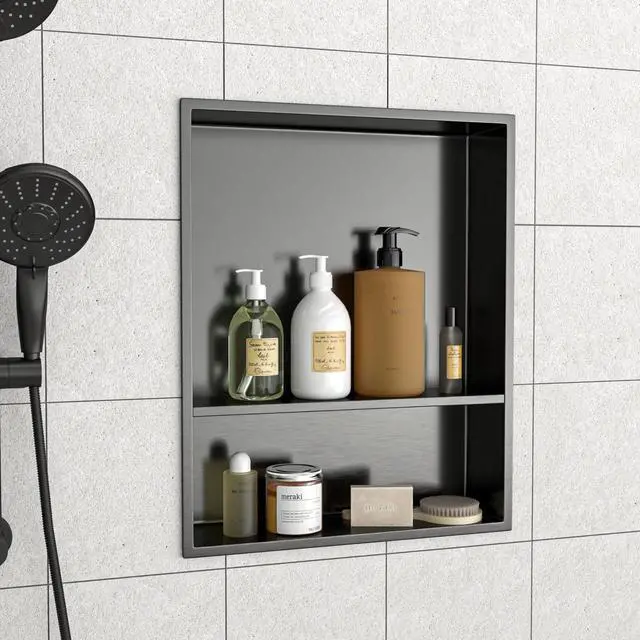Alt view image 4 of 7 - 21" x 17" Stainless Steel Shower Niche Double Shelf, Gunmetal Black