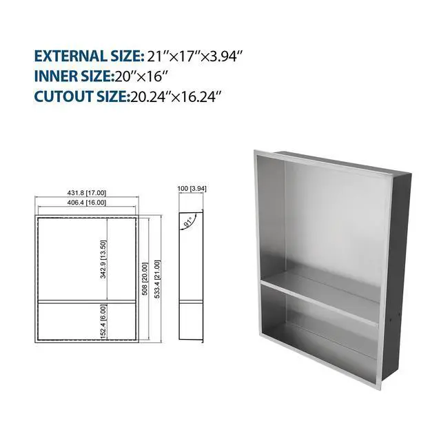 Alt view image 3 of 7 - 21" x 17" Stainless Steel Shower Niche Double Shelf, Brushed Nickel
