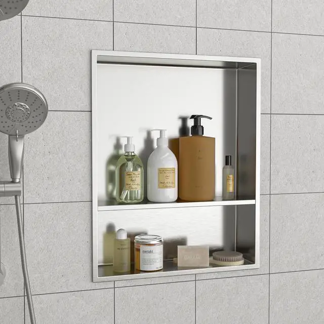 Alt view image 2 of 7 - 21" x 17" Stainless Steel Shower Niche Double Shelf, Brushed Nickel