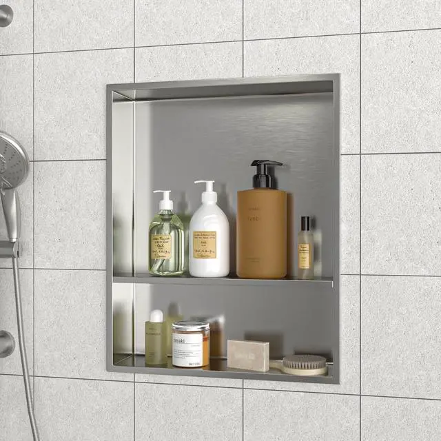 Alt view image 5 of 7 - 21" x 17" Stainless Steel Shower Niche Double Shelf, Brushed Nickel