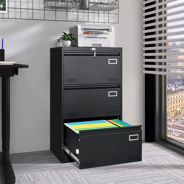 Alt view image 2 of 7 - Filing Cabinet Lateral File Cabinet 3 Drawer, Blcak Locking Metal File Cabinets Three Drawer, Office Filing Cabinet with Lock Drawers for Home Office/Legal/Letter/A4/F4