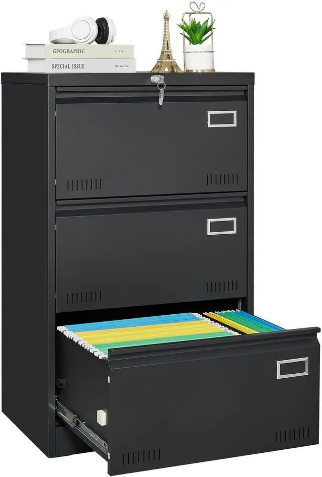 Main image of Filing Cabinet Lateral File Cabinet 3 Drawer, Blcak Locking Metal File Cabinets Three Drawer, Office Filing Cabinet with Lock Drawers for Home Office/Legal/Letter/A4/F4