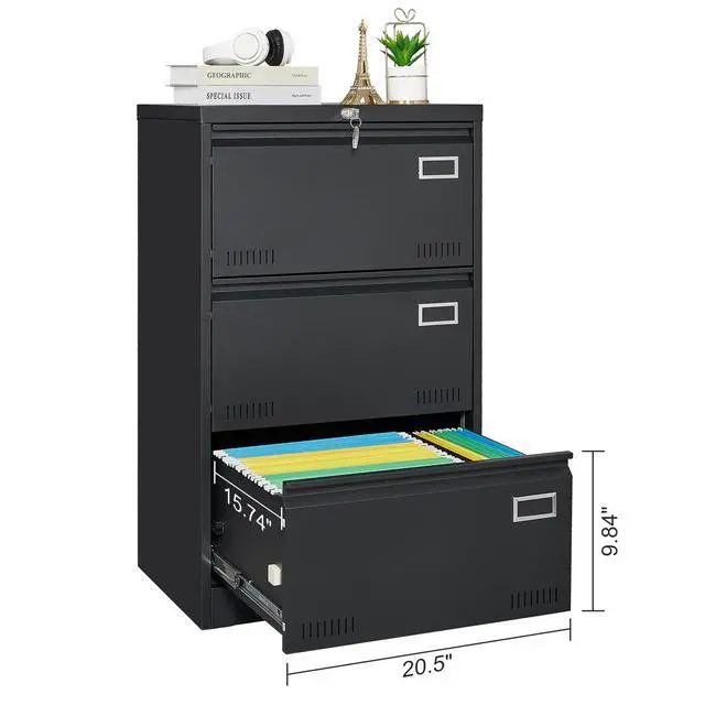 Alt view image 3 of 7 - Filing Cabinet Lateral File Cabinet 3 Drawer, Blcak Locking Metal File Cabinets Three Drawer, Office Filing Cabinet with Lock Drawers for Home Office/Legal/Letter/A4/F4