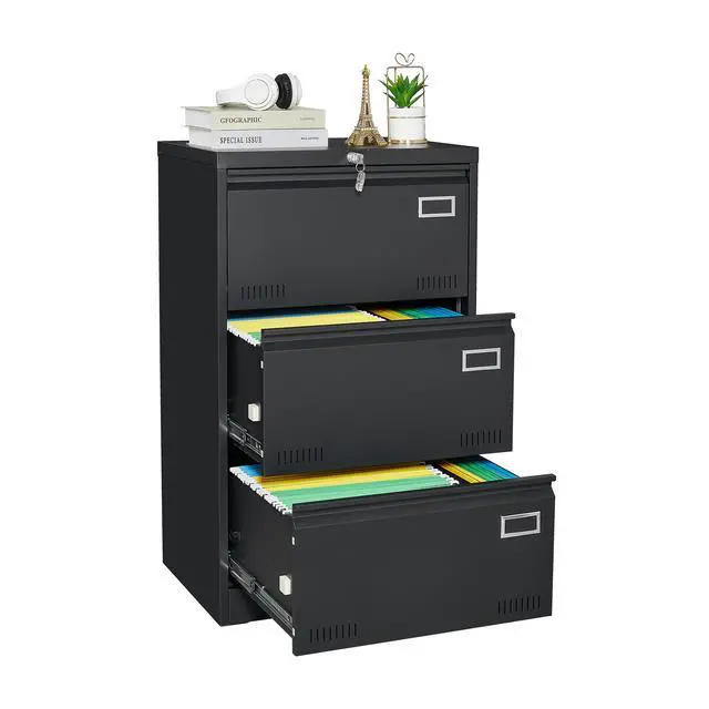 Alt view image 5 of 7 - Filing Cabinet Lateral File Cabinet 3 Drawer, Blcak Locking Metal File Cabinets Three Drawer, Office Filing Cabinet with Lock Drawers for Home Office/Legal/Letter/A4/F4