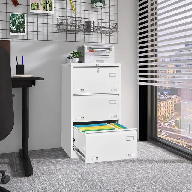 Alt view image 2 of 7 - Filing Cabinet Lateral File Cabinet 3 Drawer, White Filing Cabinets with Lock, Locking Metal File Cabinets Three Drawer Office Cabinet for Legal/Letter/A4/F4 Home Offic