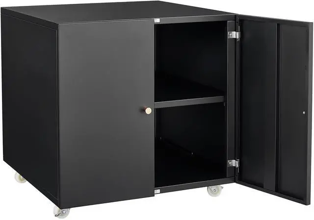 Main image of Black Steel Double-Door Printer Cabinet with 360° Lockable Casters & Adjustable Shelves, Modern Storage Organizer for Office, Home & Garage