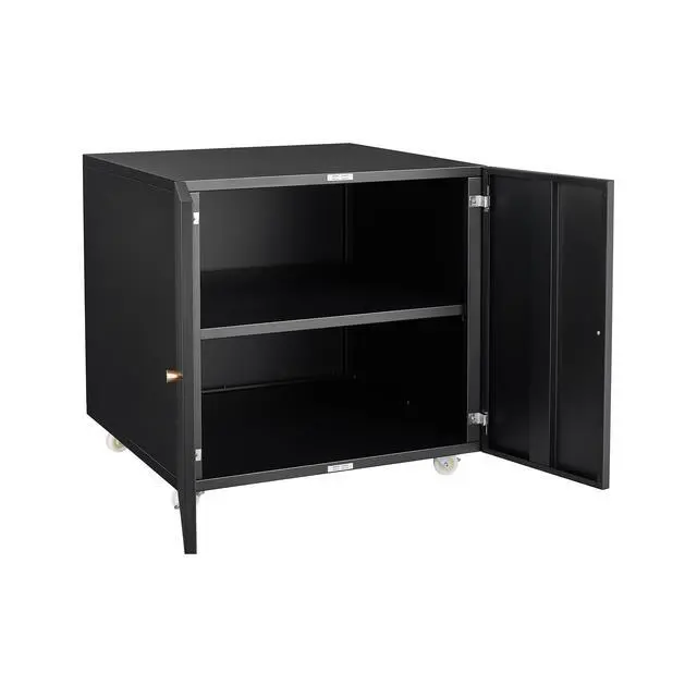 Alt view image 4 of 7 - Black Steel Double-Door Printer Cabinet with 360° Lockable Casters & Adjustable Shelves, Modern Storage Organizer for Office, Home & Garage