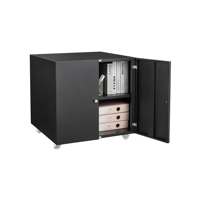 Alt view image 5 of 7 - Black Steel Double-Door Printer Cabinet with 360° Lockable Casters & Adjustable Shelves, Modern Storage Organizer for Office, Home & Garage
