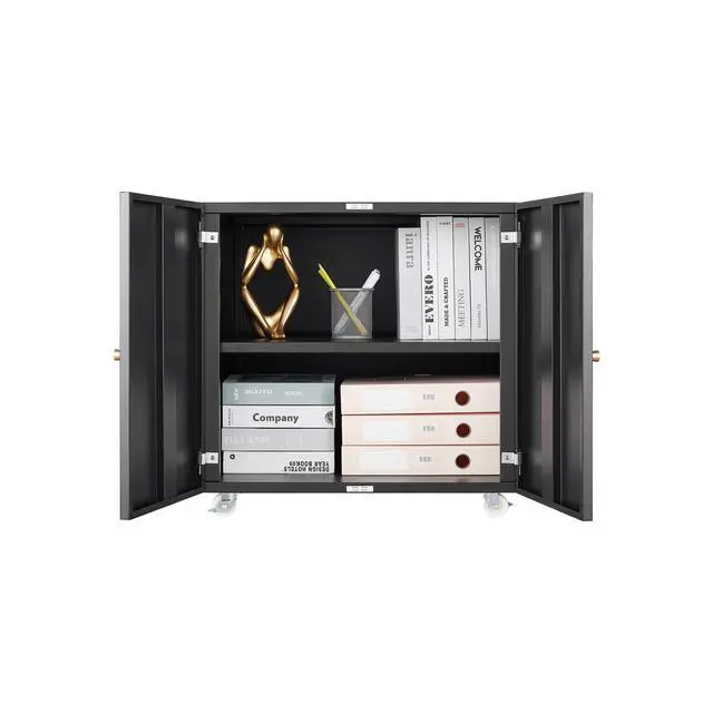 Alt view image 6 of 7 - Black Steel Double-Door Printer Cabinet with 360° Lockable Casters & Adjustable Shelves, Modern Storage Organizer for Office, Home & Garage