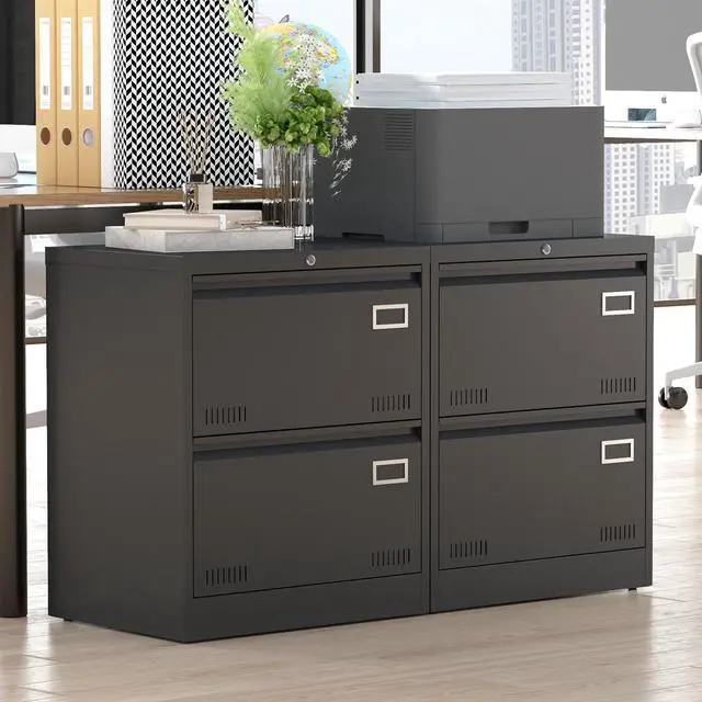 Alt view image 2 of 7 - 2 Drawer Lateral File Cabinet with Lock, Black Metal Vertical Filing Cabinet for Home Office, Fits Legal, Letter & A4 Size Files, Assembly Required