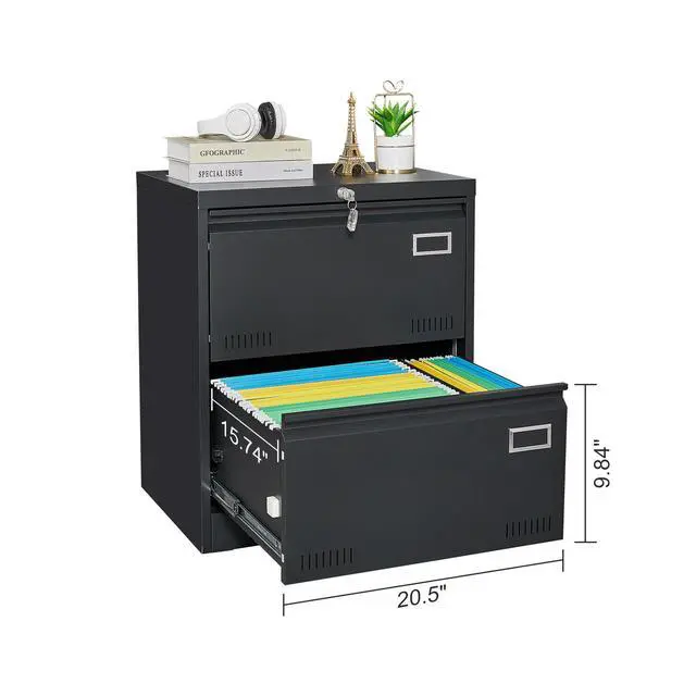 Alt view image 7 of 7 - 2 Drawer Lateral File Cabinet with Lock, Black Metal Vertical Filing Cabinet for Home Office, Fits Legal, Letter & A4 Size Files, Assembly Required
