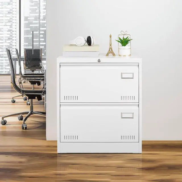 Alt view image 2 of 7 - 2 Drawer Lateral File Cabinet, White Lockable Metal Filing Cabinet for Legal, Letter & A4 Files, Home Office Storage Cabinet