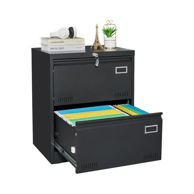 Alt view image 4 of 7 - 2 Drawer Lateral File Cabinet with Lock, Black Metal Vertical Filing Cabinet for Home Office, Fits Legal, Letter & A4 Size Files, Assembly Required