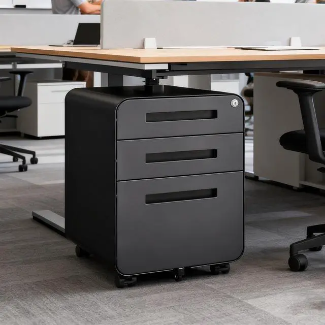 Main image of Rounded 3 drawer mobile filing cabinet, simple style multifunctional legal/letter/A4 file storage cabinet, 5-wheel design with anti tilt cold-rolled steel material