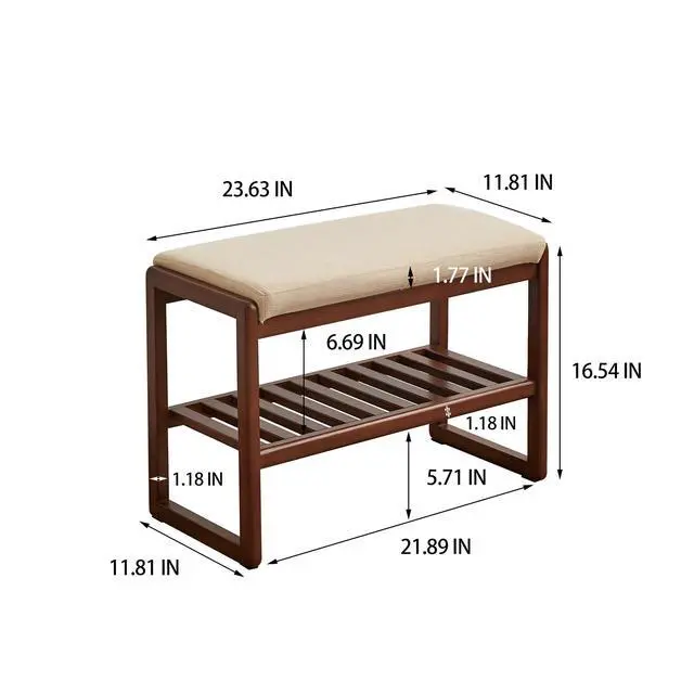 Alt view image 4 of 7 - (Walnut Color) Solid Wood Shoe Bench, Beech Wood Storage Rack Organizer with High Rebound Sponge Cushion