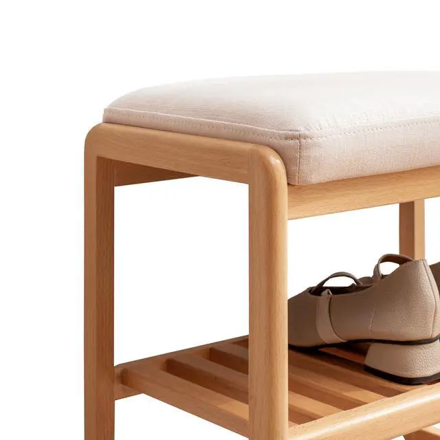 Alt view image 6 of 7 - Natural Solid Wood Shoe Bench, Beech Wood Storage Rack Organizer with High Rebound Sponge Cushion