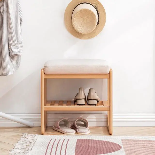 Alt view image 2 of 7 - Natural Solid Wood Shoe Bench, Beech Wood Storage Rack Organizer with High Rebound Sponge Cushion