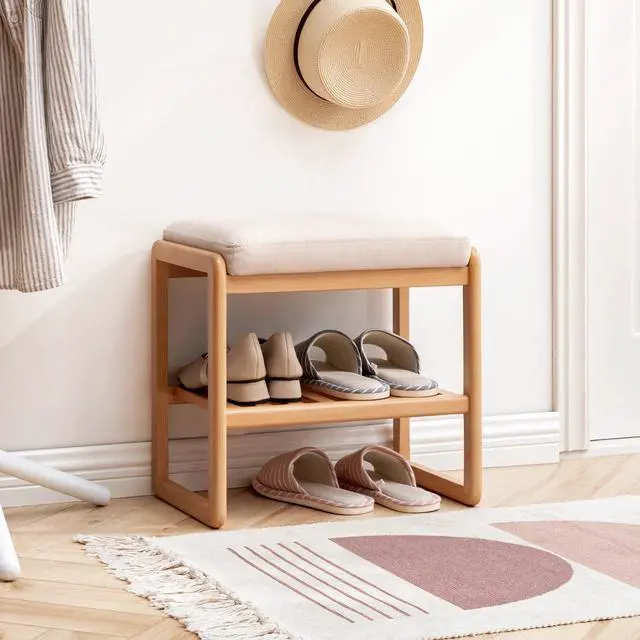 Alt view image 4 of 7 - Natural Solid Wood Shoe Bench, Beech Wood Storage Rack Organizer with High Rebound Sponge Cushion