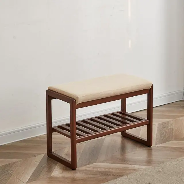 Main image of (Walnut Color) Solid Wood Shoe Bench, Beech Wood Storage Rack Organizer with High Rebound Sponge Cushion