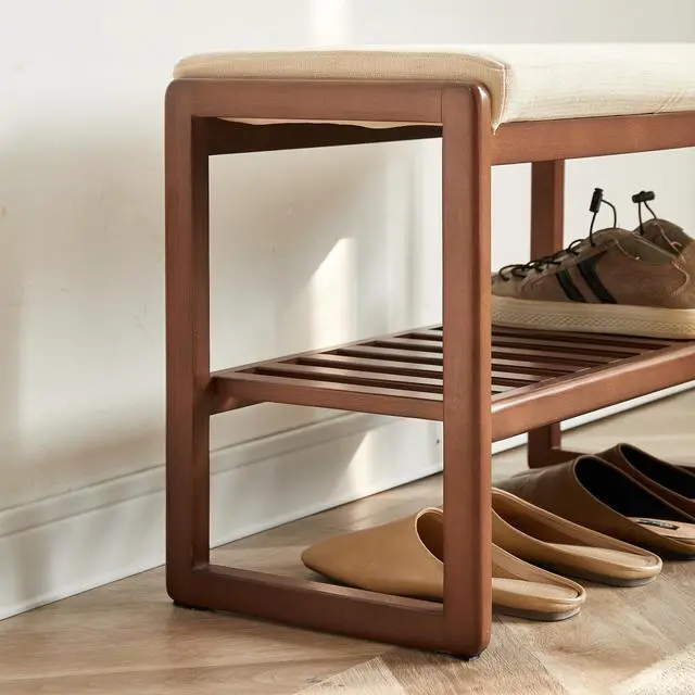 Alt view image 7 of 7 - (Walnut Color) Solid Wood Shoe Bench, Beech Wood Storage Rack Organizer with High Rebound Sponge Cushion