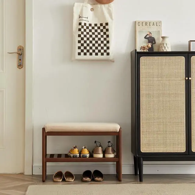 Alt view image 5 of 7 - (Walnut Color) Solid Wood Shoe Bench, Beech Wood Storage Rack Organizer with High Rebound Sponge Cushion