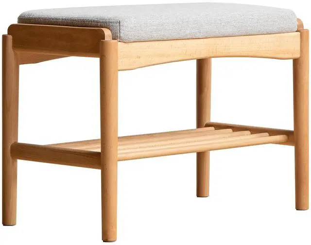 Main image of (Beige) Natural Solid Wood Shoe Bench, Mid-Century Modern Storage Bench with High Rebound Sponge Cushion for Entryway and Living Spaces