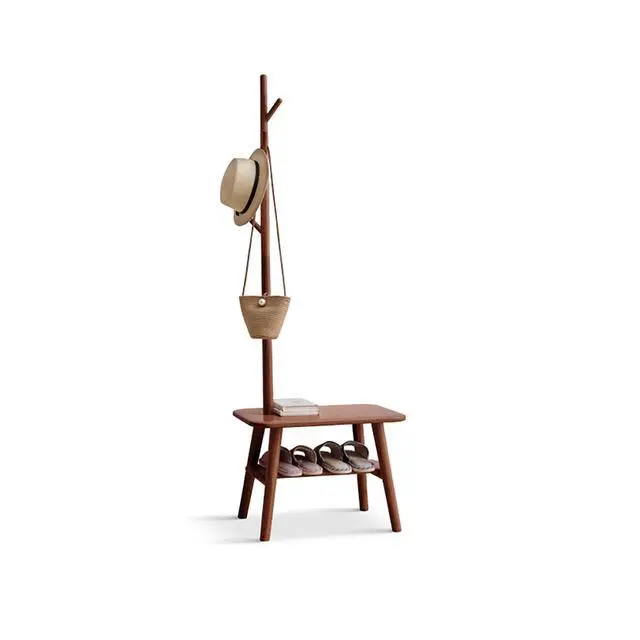 Alt view image 2 of 7 - (Walnut Color) Natural Solid Wood Shoe Stool With Cloth Hanger, Mid-Century Modern Storage Bench with High Rebound Sponge Cushion for Entryway and Living Spaces