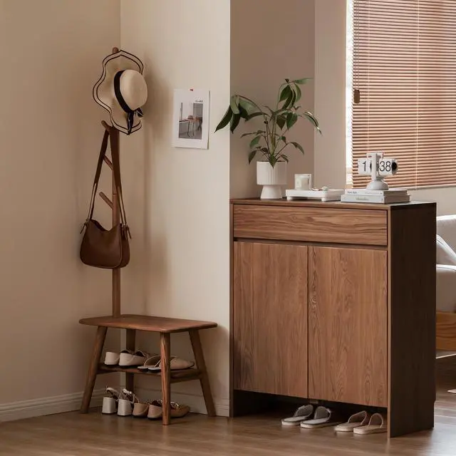 Alt view image 7 of 7 - (Walnut Color) Natural Solid Wood Shoe Stool With Cloth Hanger, Mid-Century Modern Storage Bench with High Rebound Sponge Cushion for Entryway and Living Spaces