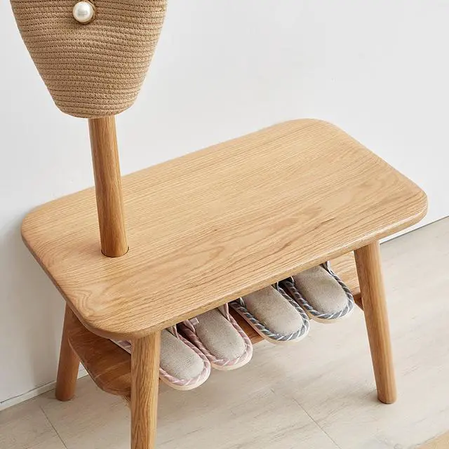 Alt view image 4 of 6 - (Natural Color) Natural Solid Wood Shoe Stool With Cloth Hanger, Mid-Century Modern Storage Bench with High Rebound Sponge Cushion for Entryway and Living Spaces