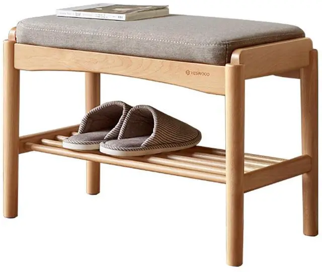 Main image of (Gray) Natural Solid Wood Shoe Bench, Mid-Century Modern Storage Bench with High Rebound Sponge Cushion for Entryway and Living Spaces