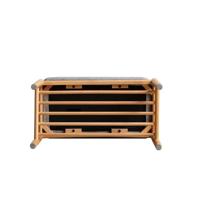 Alt view image 4 of 7 - (Beige) Natural Solid Wood Shoe Bench, Mid-Century Modern Storage Bench with High Rebound Sponge Cushion for Entryway and Living Spaces