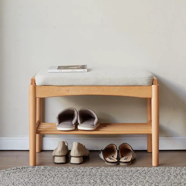 Alt view image 6 of 7 - (Beige) Natural Solid Wood Shoe Bench, Mid-Century Modern Storage Bench with High Rebound Sponge Cushion for Entryway and Living Spaces