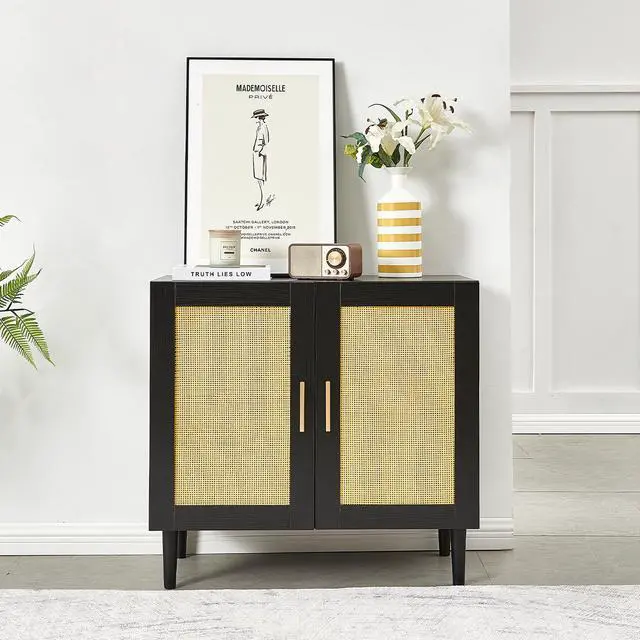 Main image of Side panel buffet cabinet with natural rattan door, rattan storage cabinet with adjustable shelves, side panel and buffet with storage space, modern console cabinet in bedroom and living room